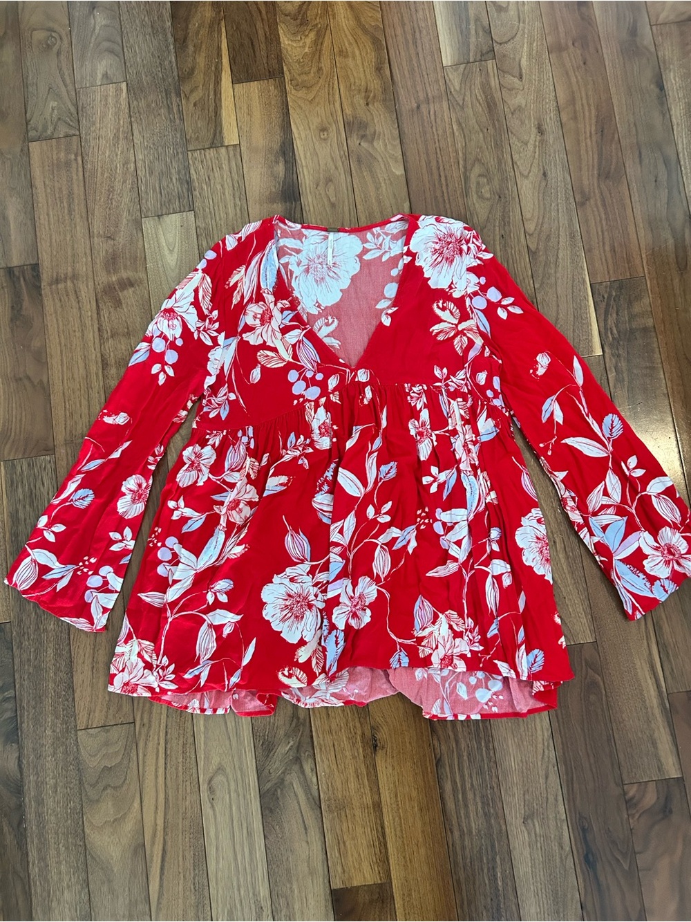 Red Floral Peasant Tunic Dress Size M, but fits like a small